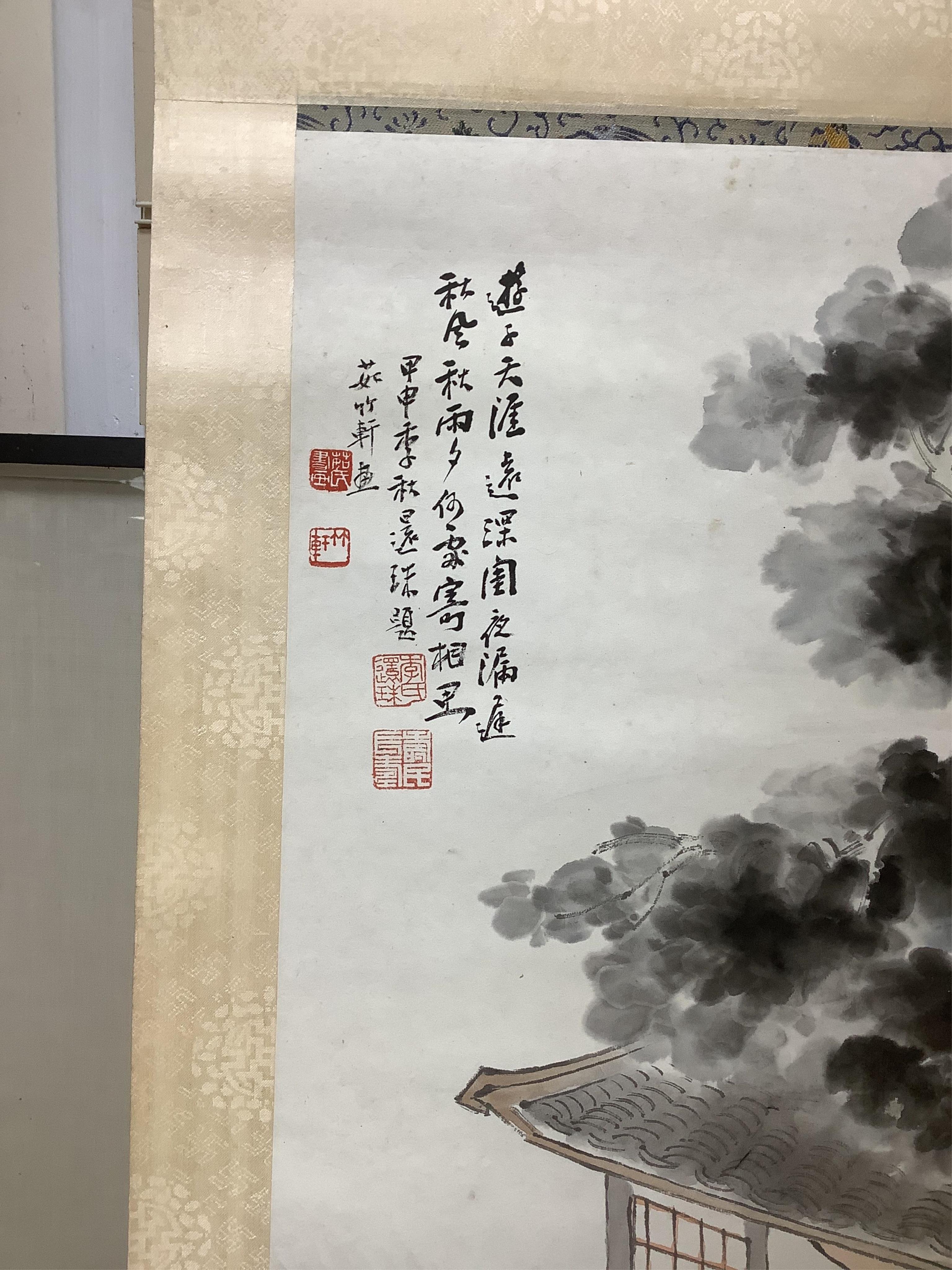 A set of four Chinese scroll paintings of ladies before landscapes, 48cm wide. Condition - fair